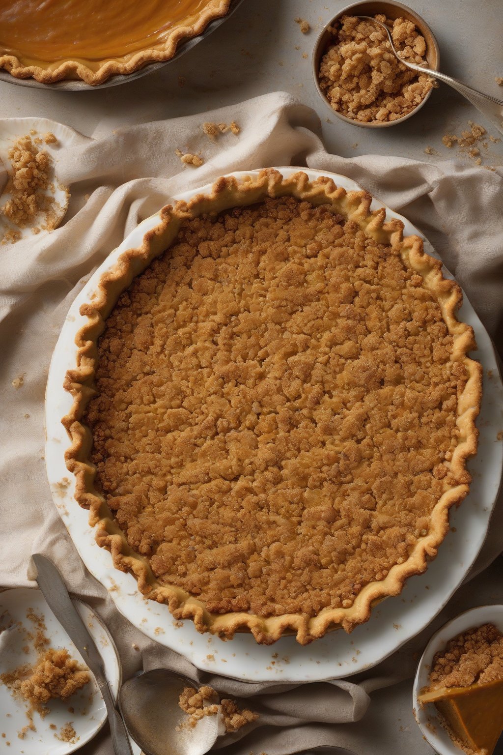 A high-resolution photo of streusel pumpkin pie with golden crumb topping under soft lighting.