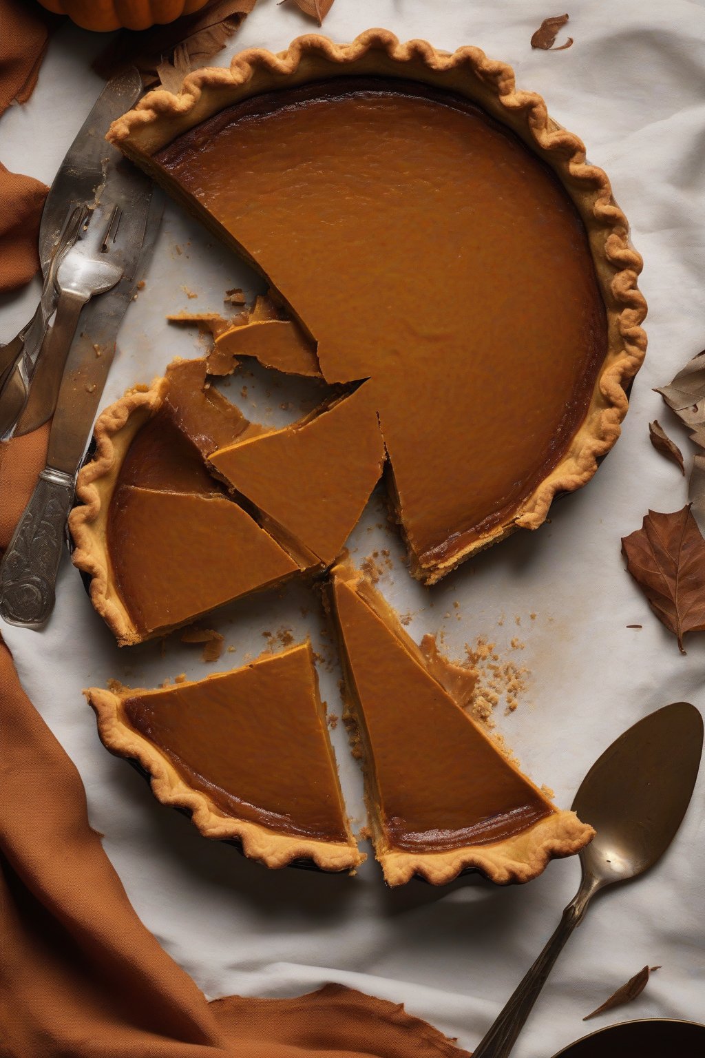 A high-resolution photo of bourbon pumpkin pie with caramelized edges under soft lighting.