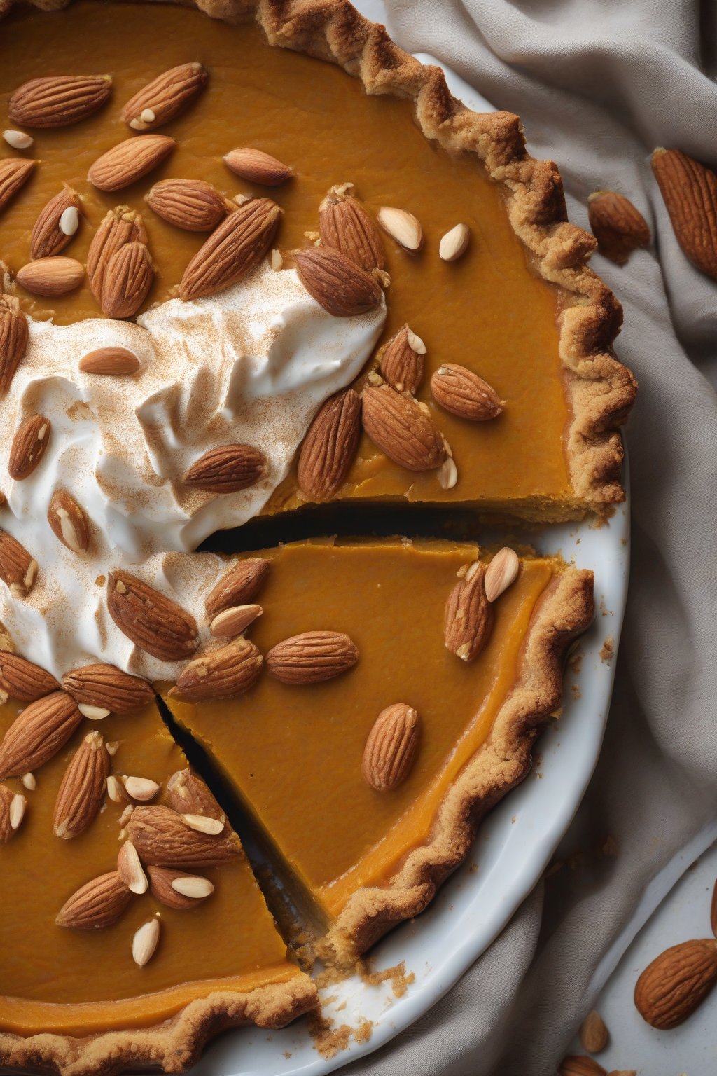 A high-resolution photo of gluten-free pumpkin pie with almond crust slice under soft lighting.
