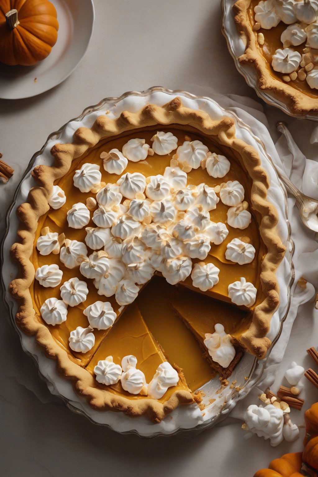 A high-resolution photo of pumpkin pie crowned with golden meringue under soft lighting.
