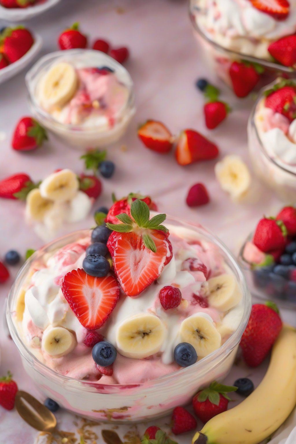 A close-up photo of strawberry banana pudding with pink layers and fresh berries under soft lighting.