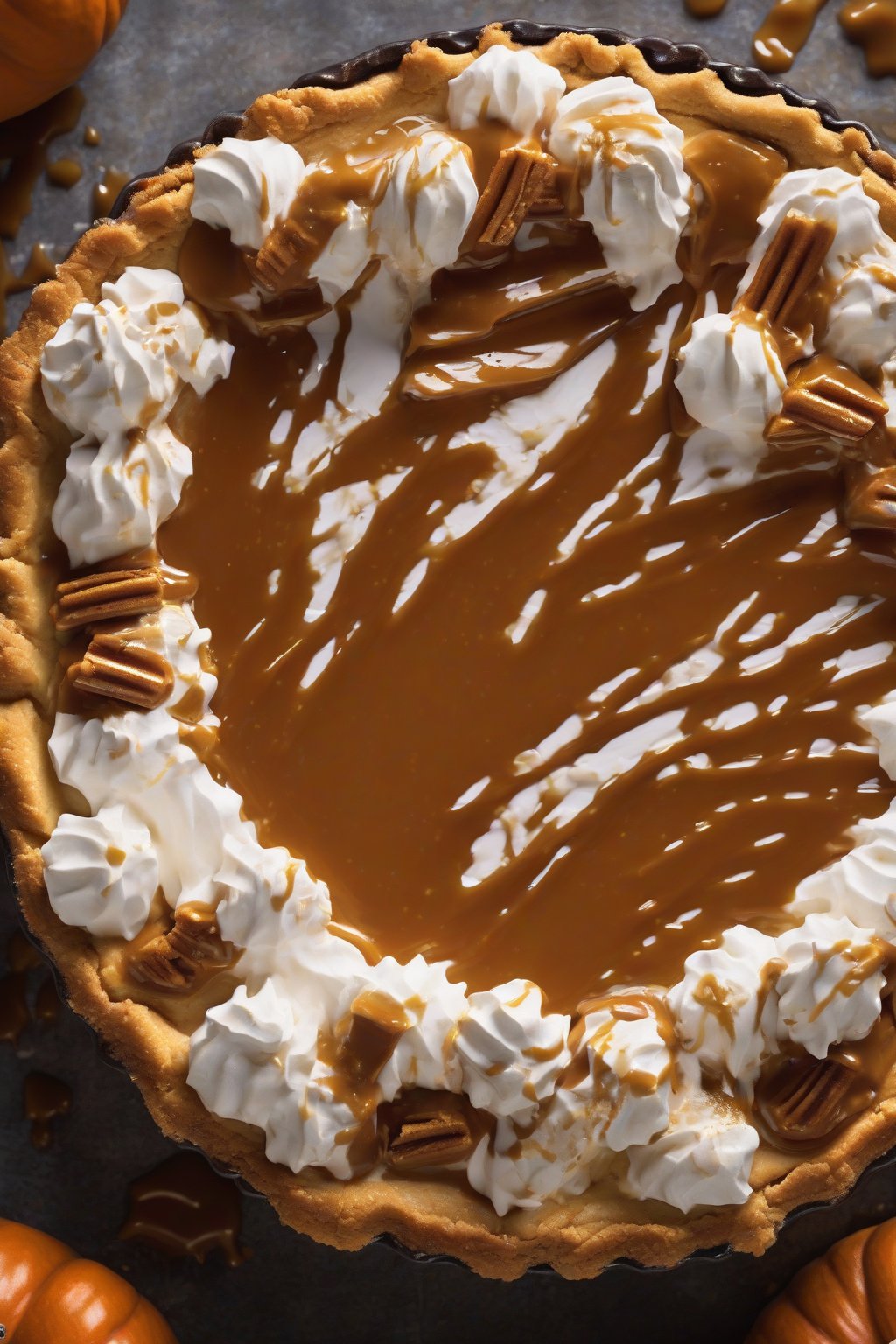 A high-resolution photo of salted caramel pumpkin pie dripping sauce under soft lighting.