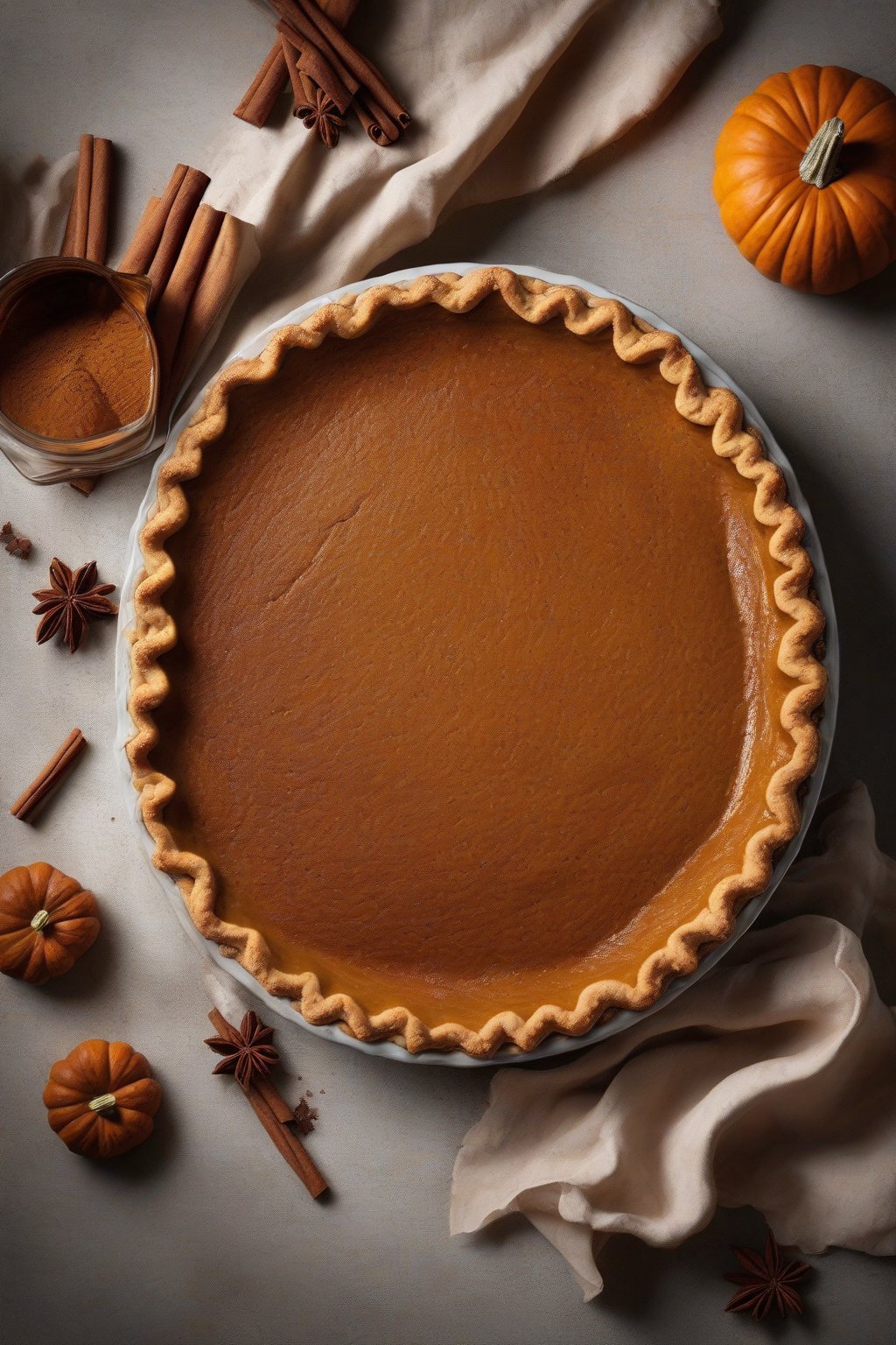 A high-resolution photo of chai-spiced pumpkin pie dusted with cinnamon under soft lighting.