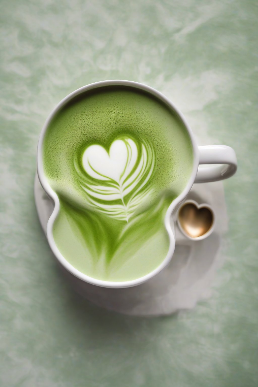 A high-resolution photo of a frothy green matcha latte in a white ceramic mug, topped with a heart-shaped foam design, under soft lighting.