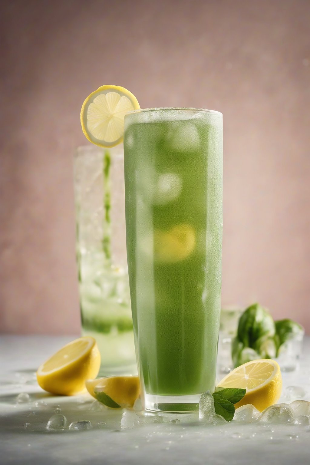 A high-resolution photo of a tall glass of iced matcha lemonade with lemon slices and ice, condensation droplets on the glass, under soft lighting.