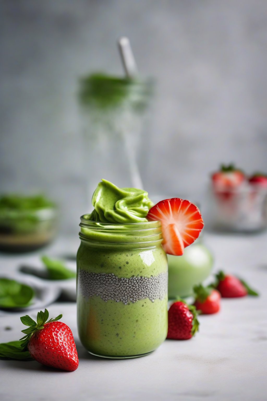 A high-resolution photo of a vibrant green matcha smoothie in a clear jar, topped with chia seeds and a strawberry slice, under soft lighting.