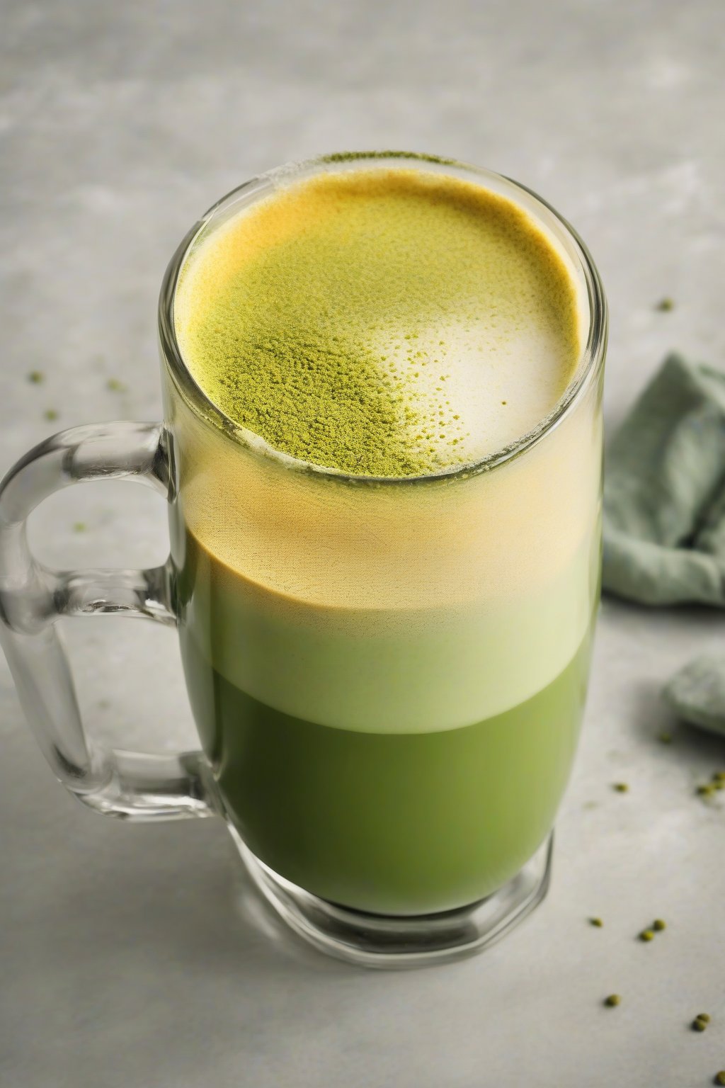 A high-resolution photo of a golden-green matcha latte in a glass mug, with a dusting of turmeric on top, steam rising gently, under soft lighting.