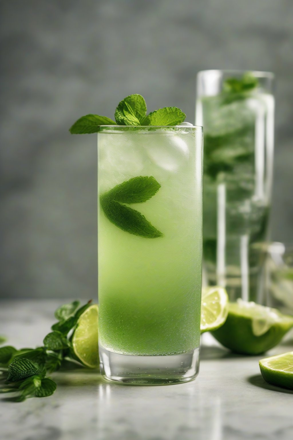 A high-resolution photo of a bubbly matcha tonic in a highball glass with lime wedges and mint leaves, fizzing lightly, under soft lighting.