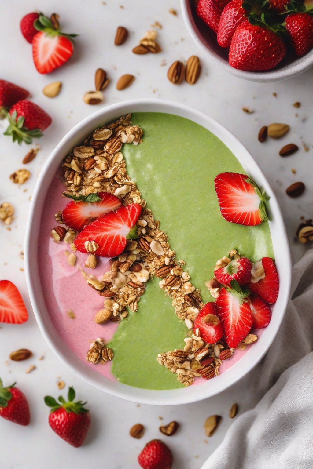 A high-resolution photo of a strawberry matcha smoothie bowl topped with granola, sliced strawberries, and nuts, in a white bowl, under soft lighting.