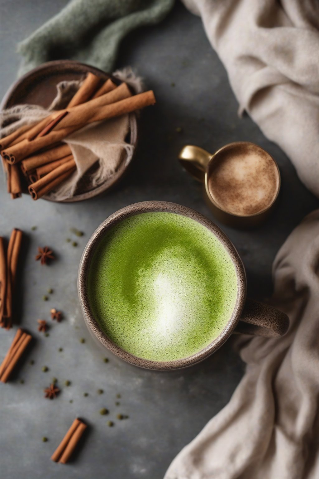 A high-resolution photo of a spiced matcha chai latte with foam and cinnamon dust, in a cozy mug, under soft lighting.