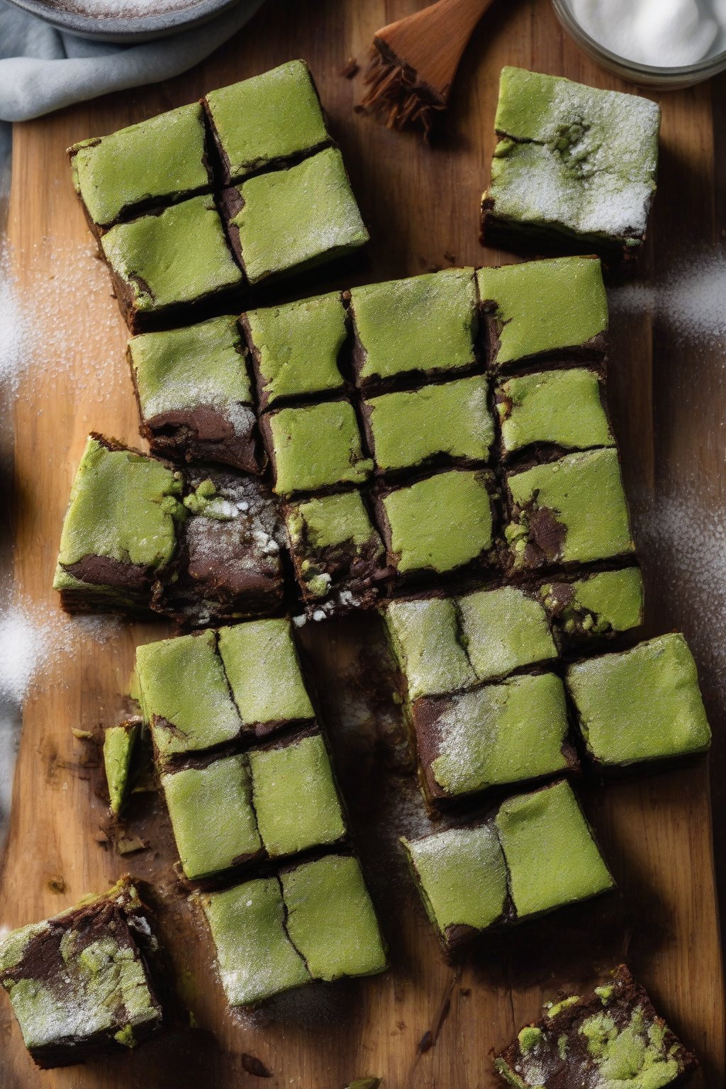 A high-resolution photo of fudgy matcha brownies cut into squares, powdered sugar dusting, on a wooden board, under soft lighting.