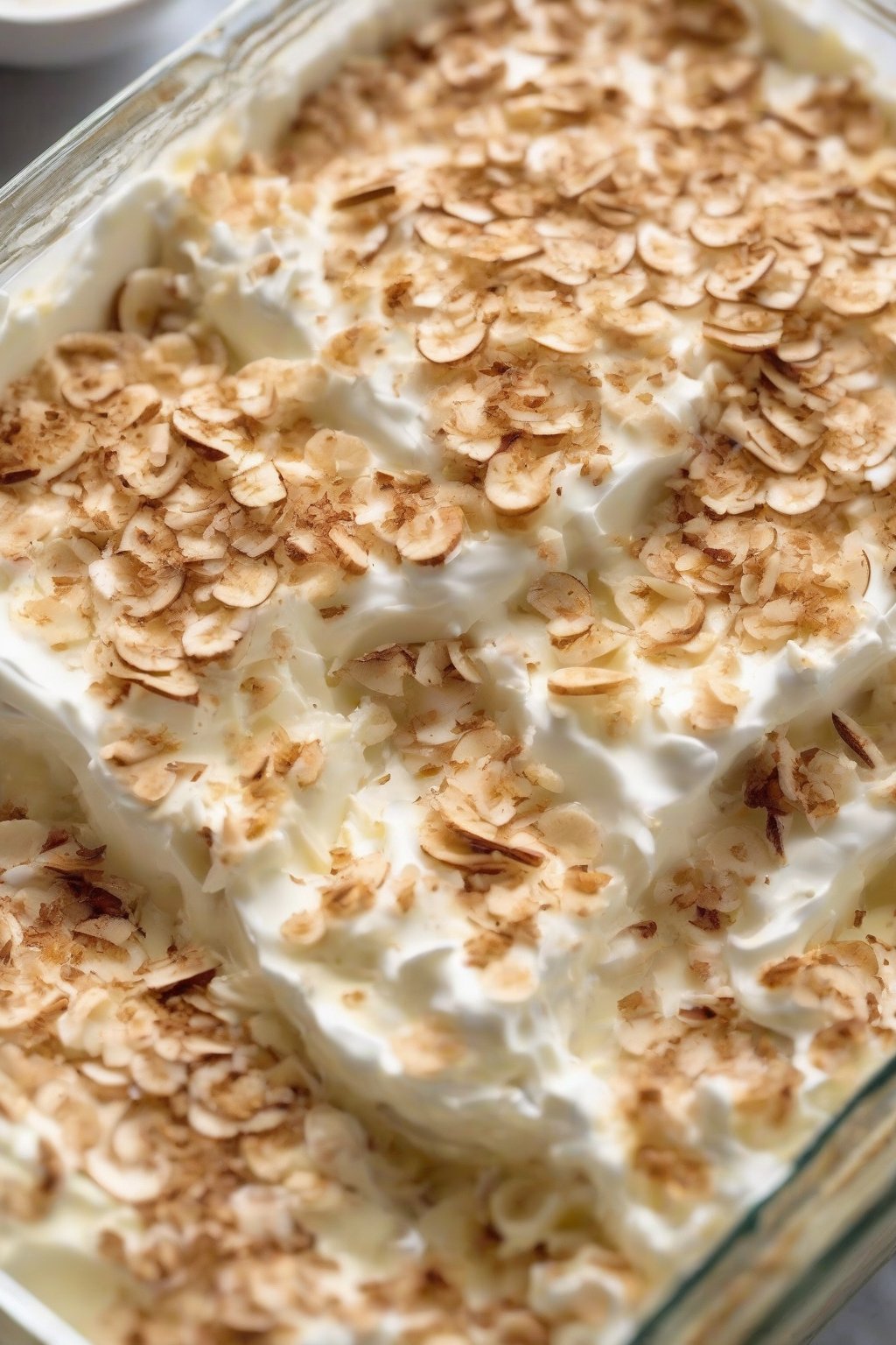 A close-up photo of coconut banana pudding layers sprinkled with toasted flakes under soft lighting.