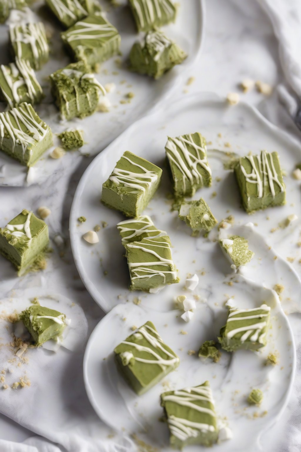 A high-resolution photo of green no-bake matcha cheesecake bites on a plate, with white chocolate drizzle, under soft lighting.