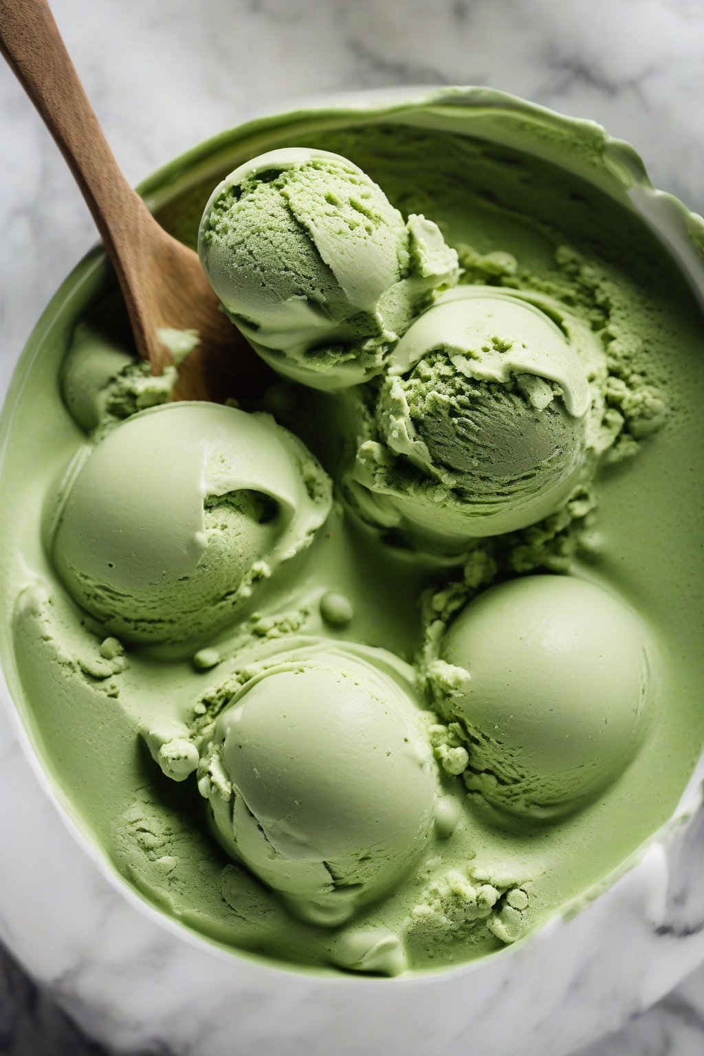 A high-resolution photo of scoops of vibrant green matcha ice cream in a bowl with a spoon, under soft lighting.