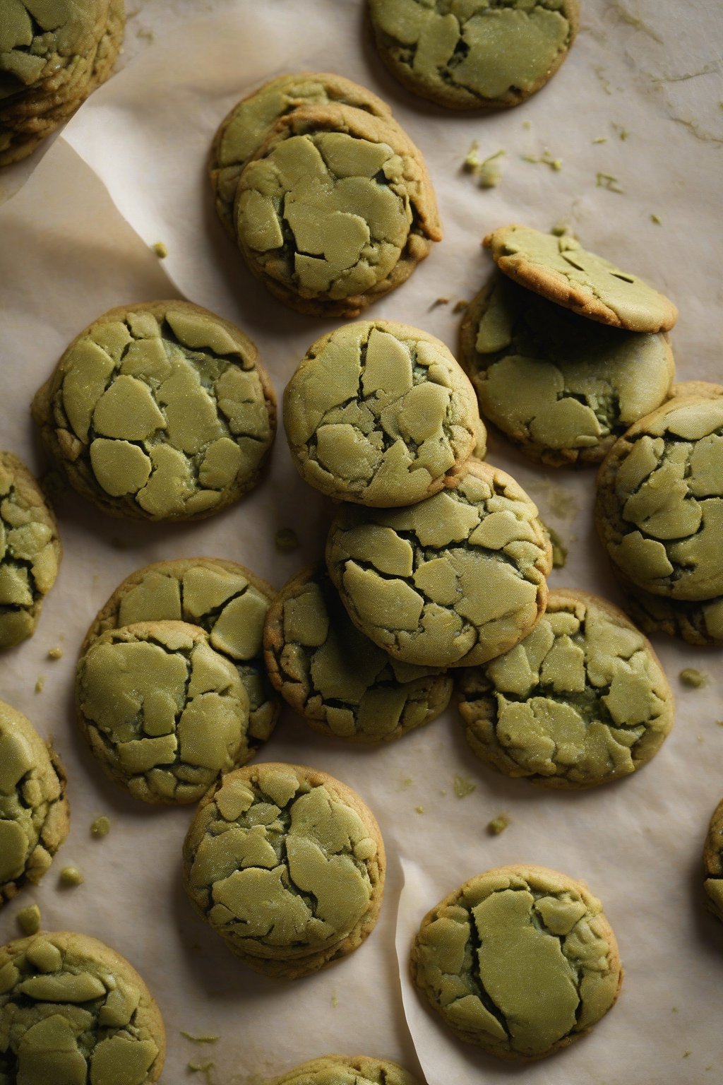 A high-resolution photo of stack of chewy matcha cookies with cracked tops, on parchment paper, under soft lighting.