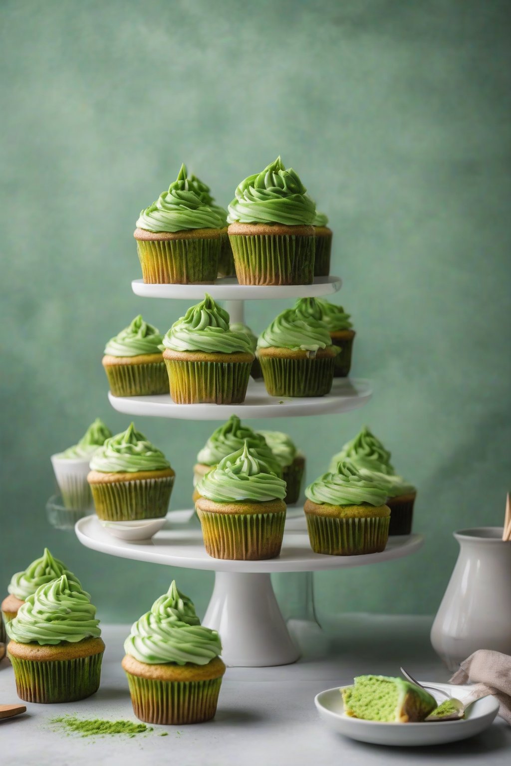 A high-resolution photo of matcha cupcakes topped with green swirled frosting, on a cake stand, under soft lighting.
