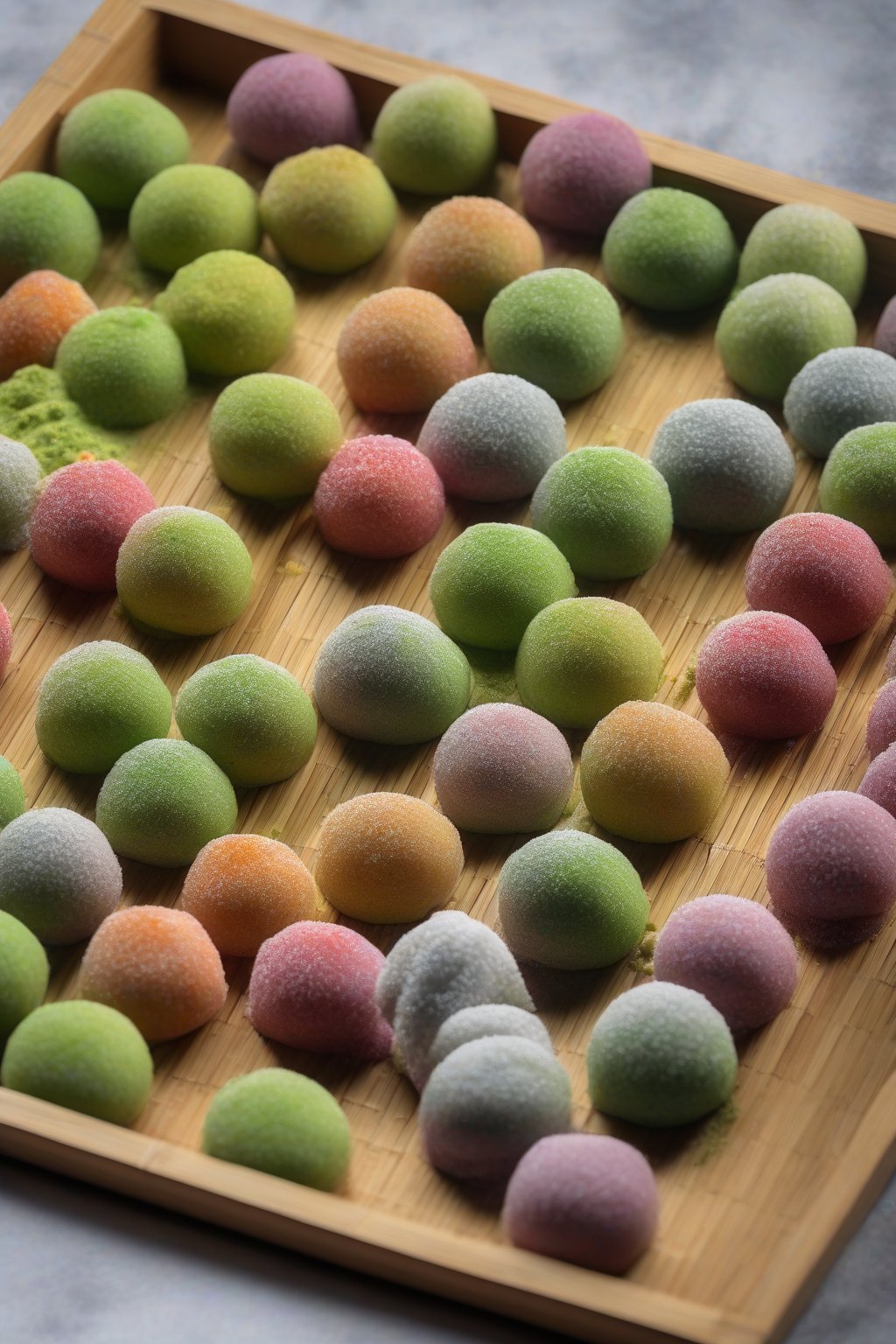 A high-resolution photo of colorful matcha mochi balls dusted with powder, in a bamboo tray, under soft lighting.