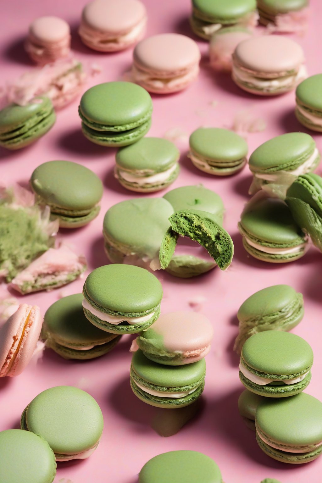 A high-resolution photo of stacked matcha macarons with green shells and creamy filling, on a pink background, under soft lighting.