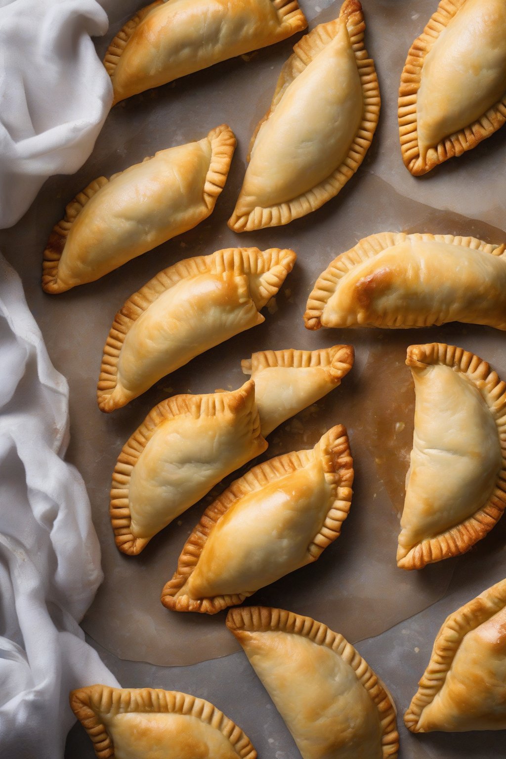 A high-resolution photo of golden flaky beef empanadas with crimped edges, steam rising, under soft lighting.