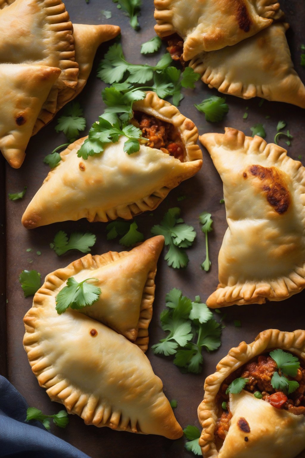 A high-resolution photo of rustic chicken chorizo empanadas with charred edges, garnished with cilantro, under soft lighting.