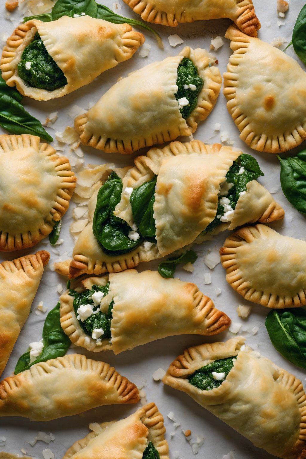 A high-resolution photo of vibrant green spinach feta empanadas, flaky layers peeling back, under soft lighting.