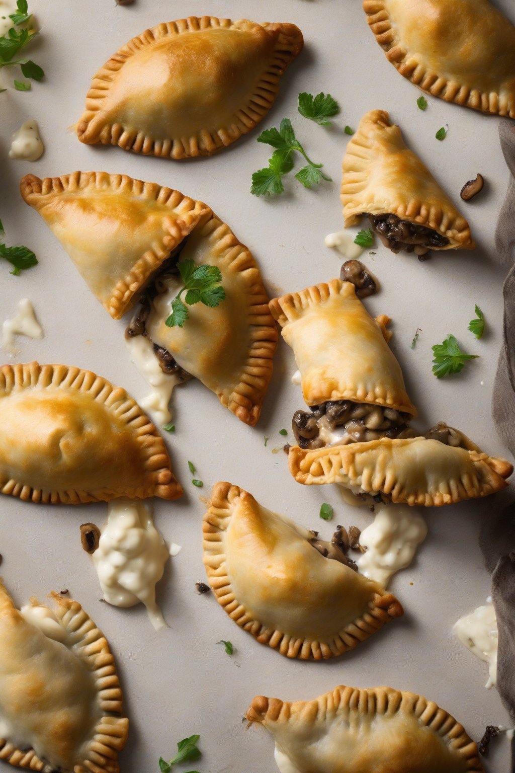 A high-resolution photo of earthy mushroom goat cheese empanadas, cheese oozing slightly, under soft lighting.