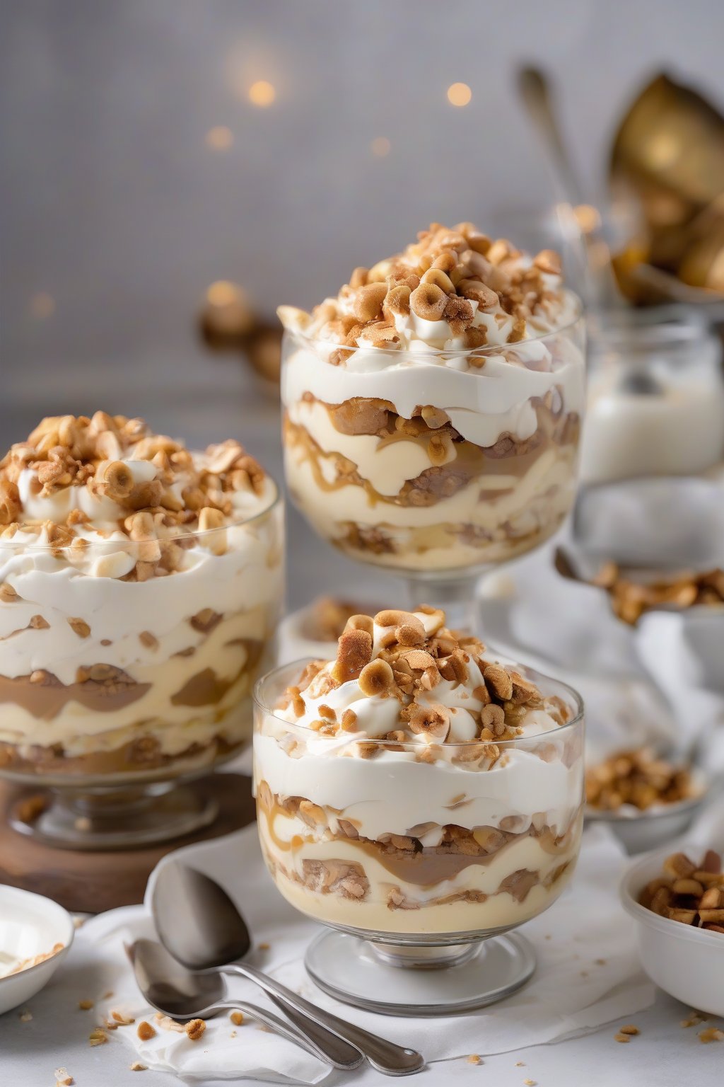 A close-up photo of toffee banana pudding trifle with crunchy bits and cream swirls under soft lighting.
