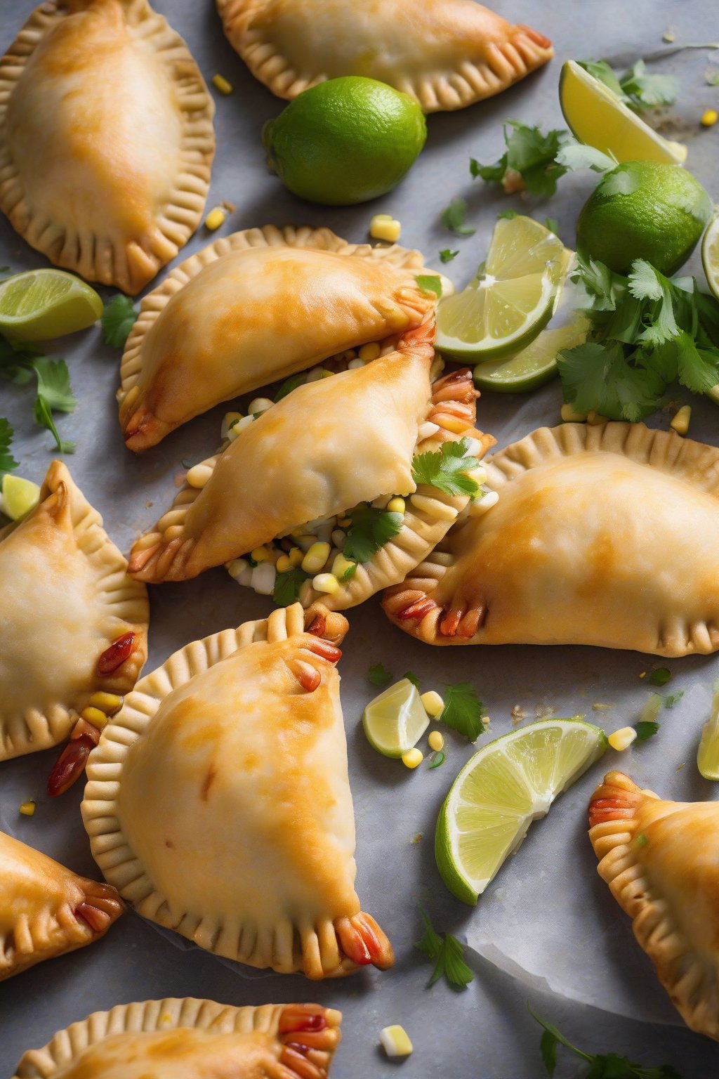 A high-resolution photo of plump shrimp corn empanadas with lime wedges nearby, glossy finish, under soft lighting.