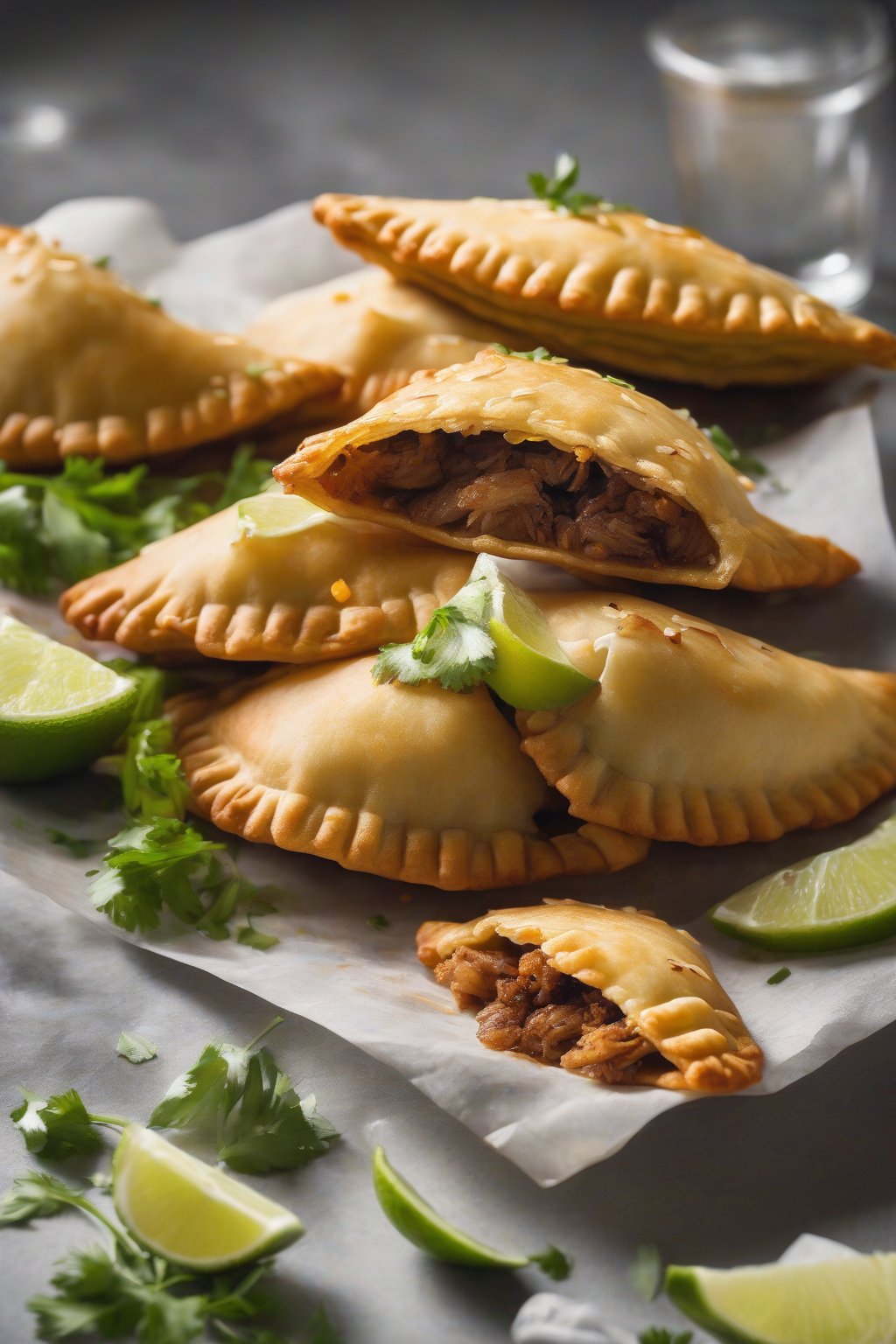 A high-resolution photo of crispy pork carnitas empanadas, juices glistening, under soft lighting.