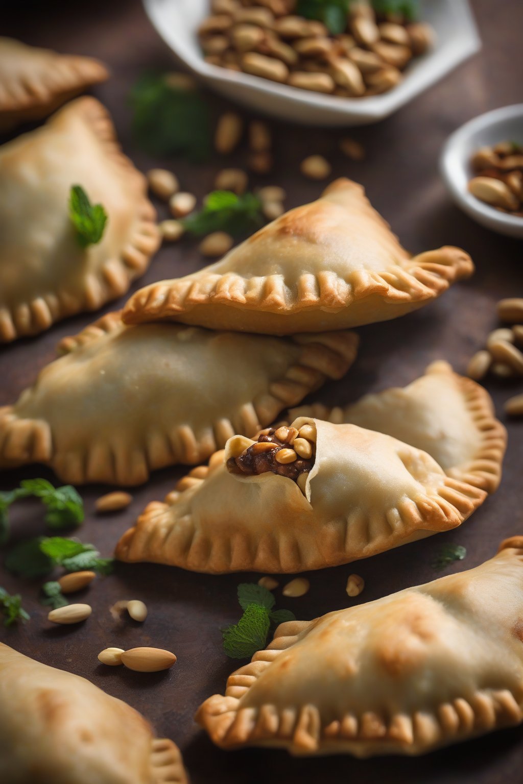 A high-resolution photo of spiced lamb mint empanadas scattered with pine nuts, warm tones, under soft lighting.