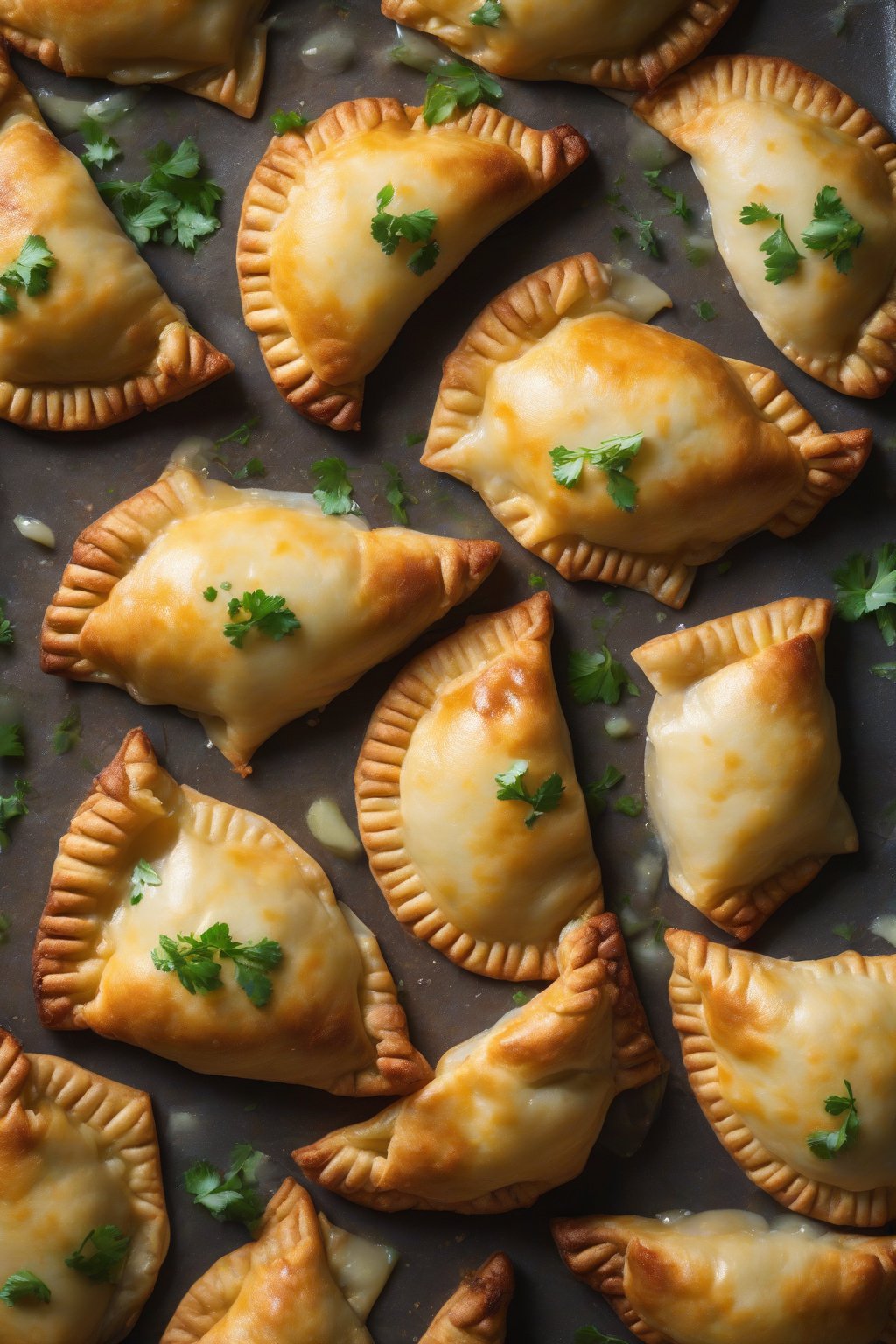 A high-resolution photo of cheesy potato empanadas with melted filling peeking out, under soft lighting.