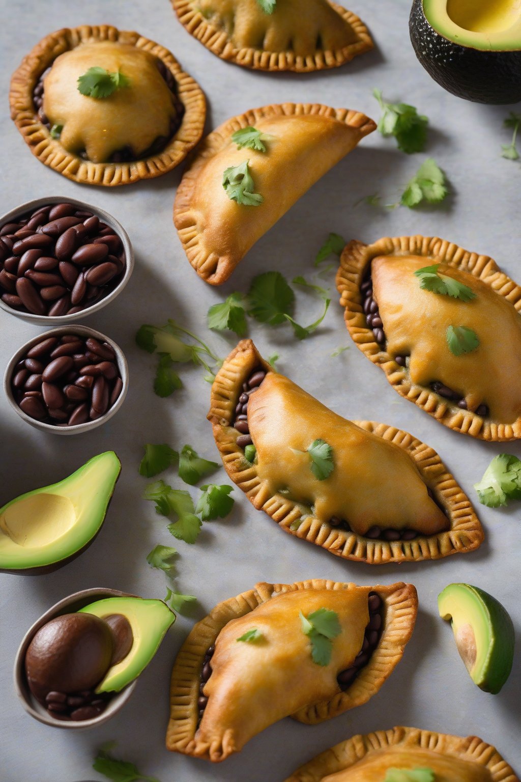 A high-resolution photo of golden black bean plantain empanadas with avocado slices, vibrant colors, under soft lighting.