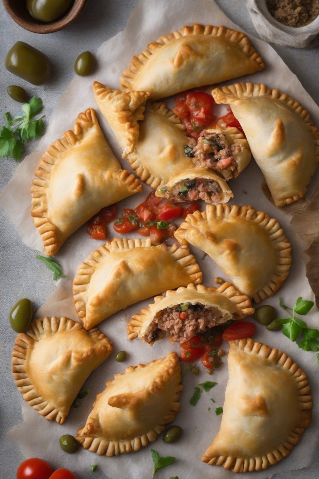 A high-resolution photo of flaky tuna olive empanadas with tomato accents, rustic style, under soft lighting.