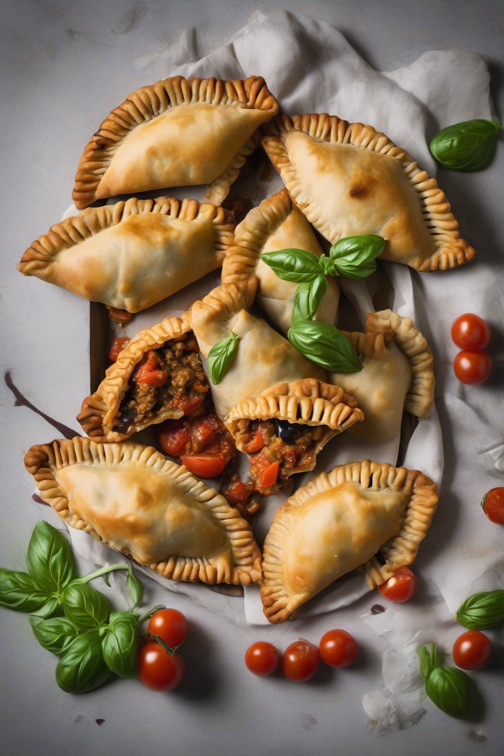 A high-resolution photo of roasted eggplant tomato empanadas, basil garnish, under soft lighting.
