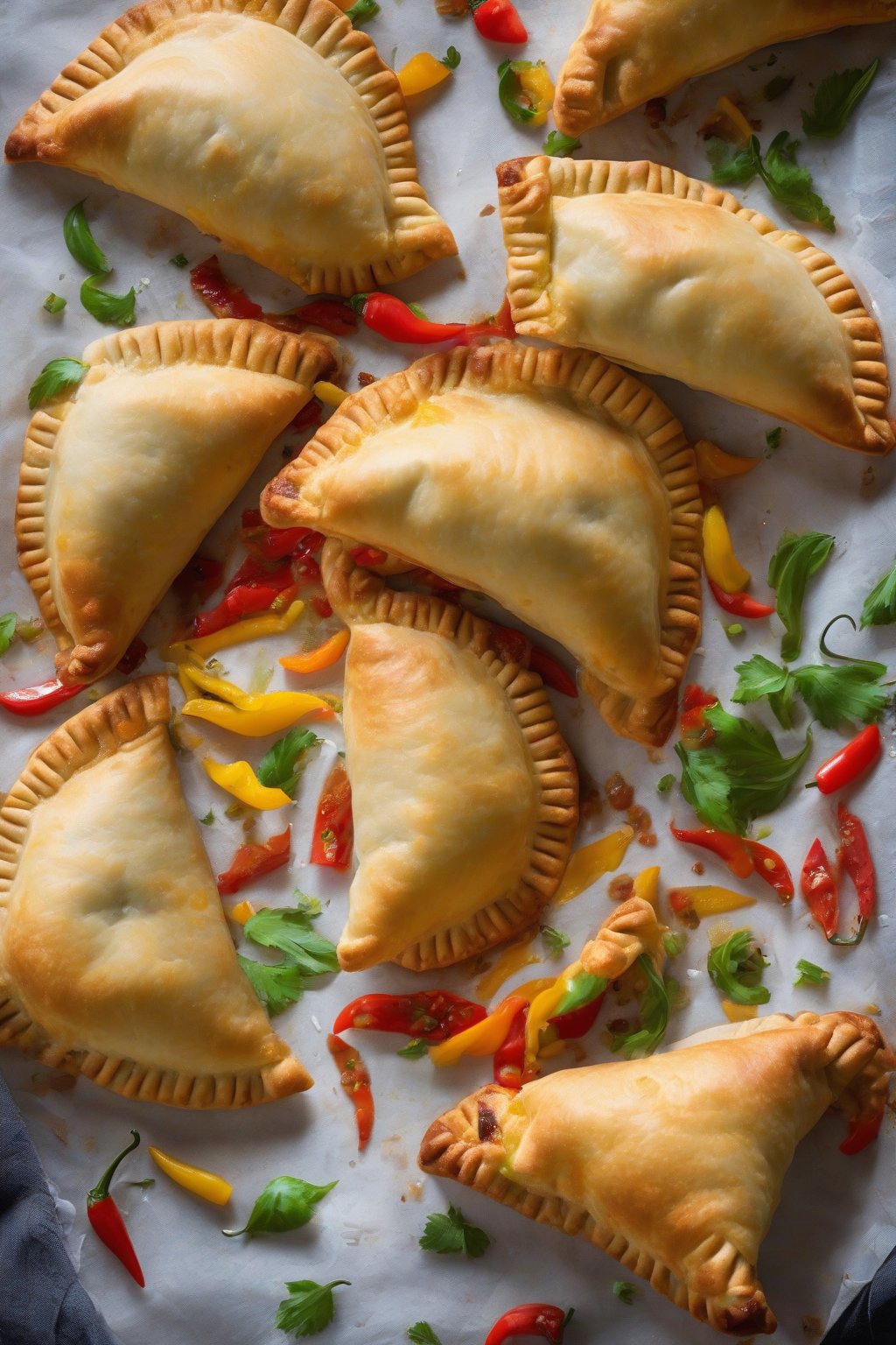 A high-resolution photo of sausage pepper empanadas with colorful peppers visible, steamy, under soft lighting.