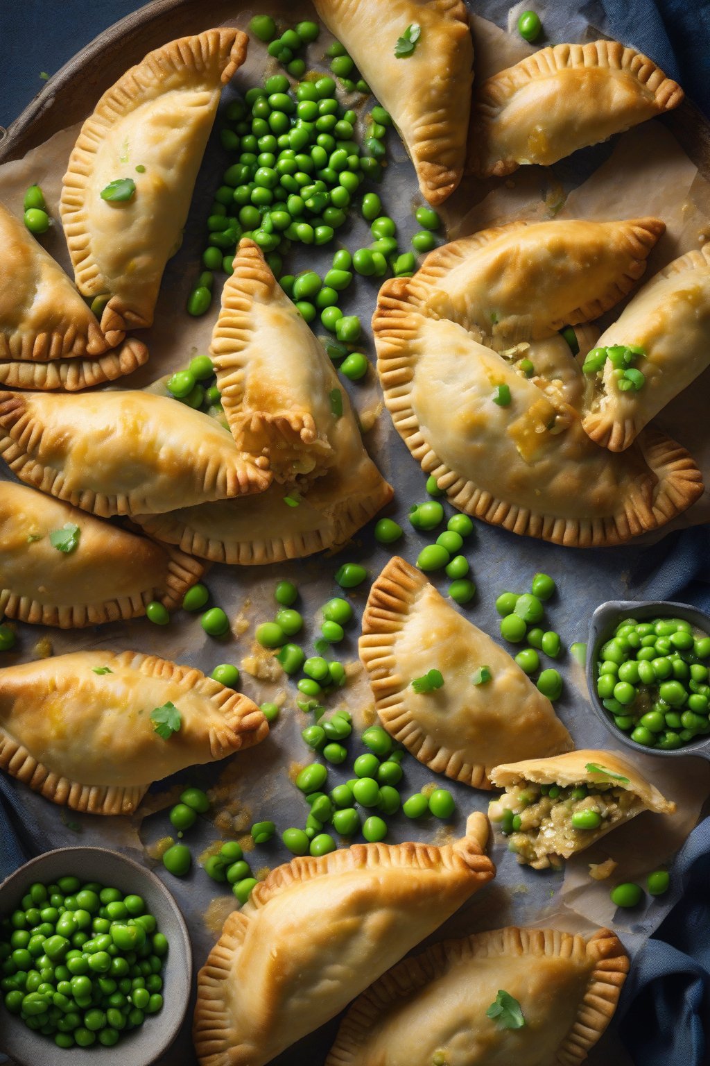 A high-resolution photo of golden curried chicken empanadas with pea flecks, exotic appeal, under soft lighting.