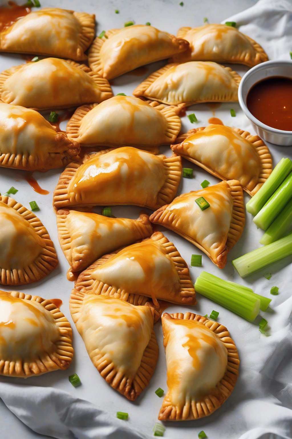 A high-resolution photo of fiery buffalo chicken empanadas drizzled with sauce, celery sticks, under soft lighting.