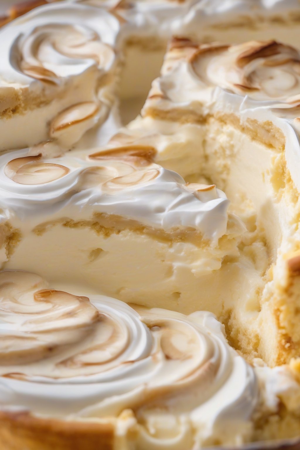 A close-up photo of cheesecake-style banana pudding layers with creamy swirls under soft lighting.