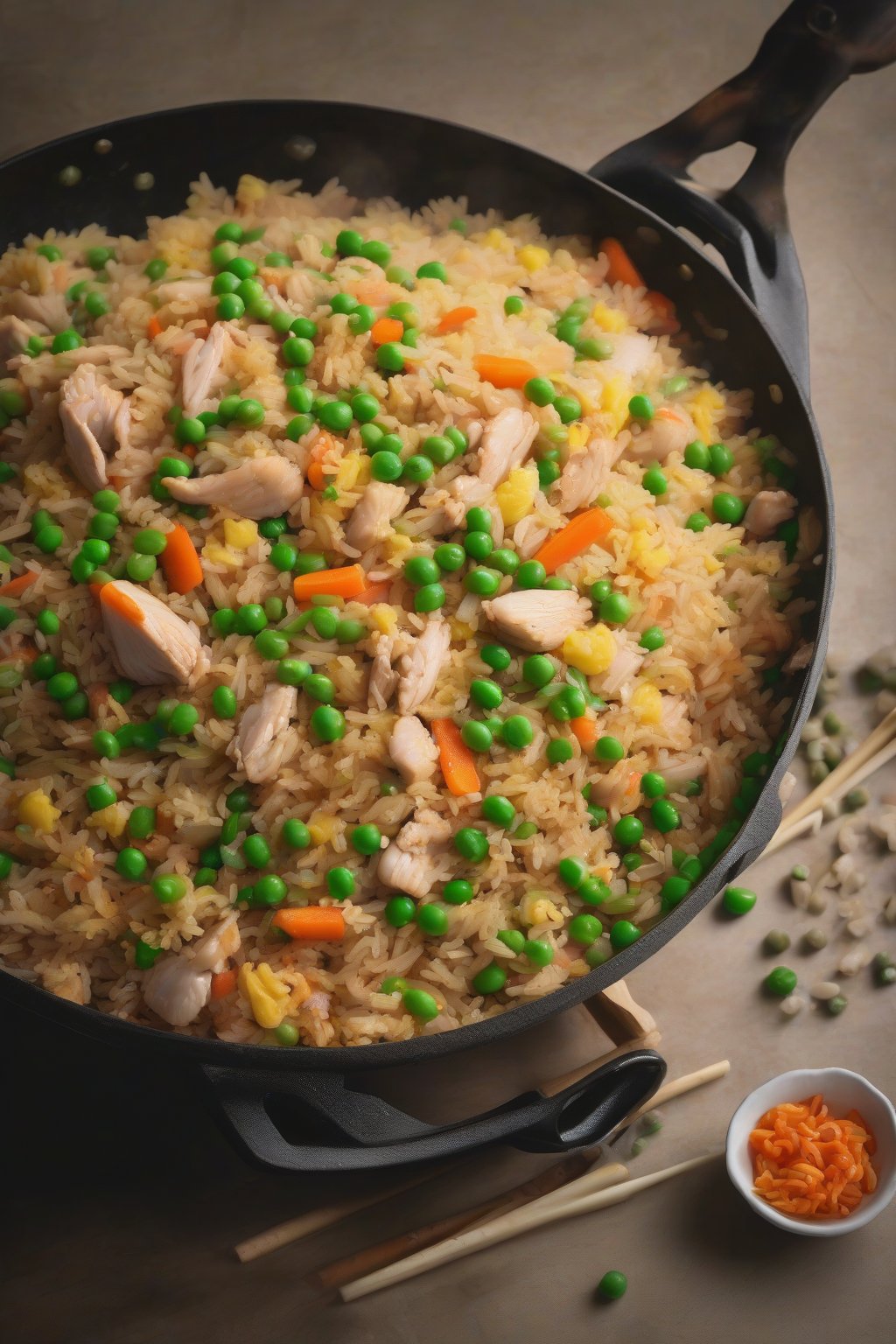A high-resolution photo of steaming chicken fried rice with peas, carrots, and scrambled eggs in a wok under soft lighting.