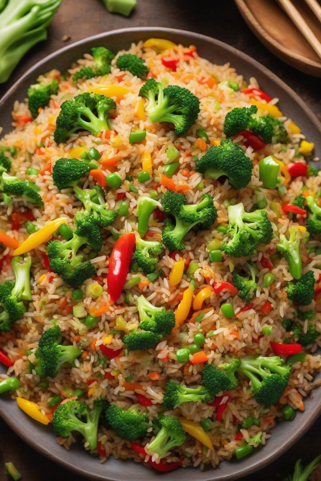 A high-resolution photo of colorful veggie fried rice with broccoli and peppers piled high under soft lighting.