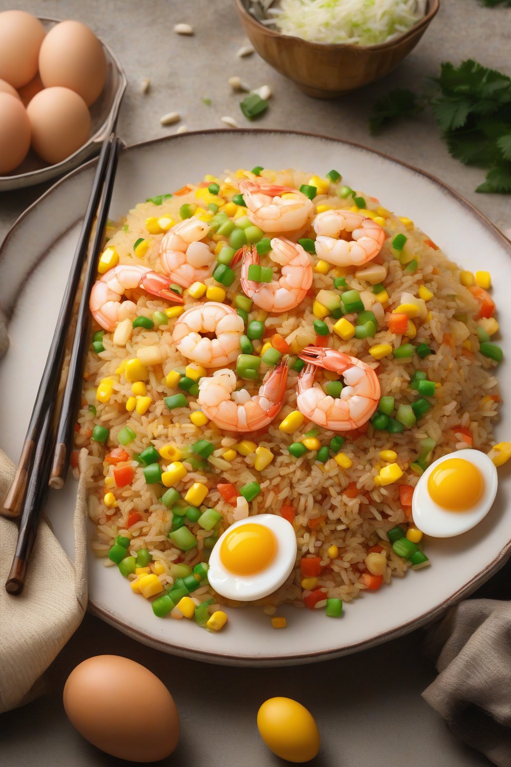 A high-resolution photo of shrimp fried rice with golden eggs and corn under soft lighting.