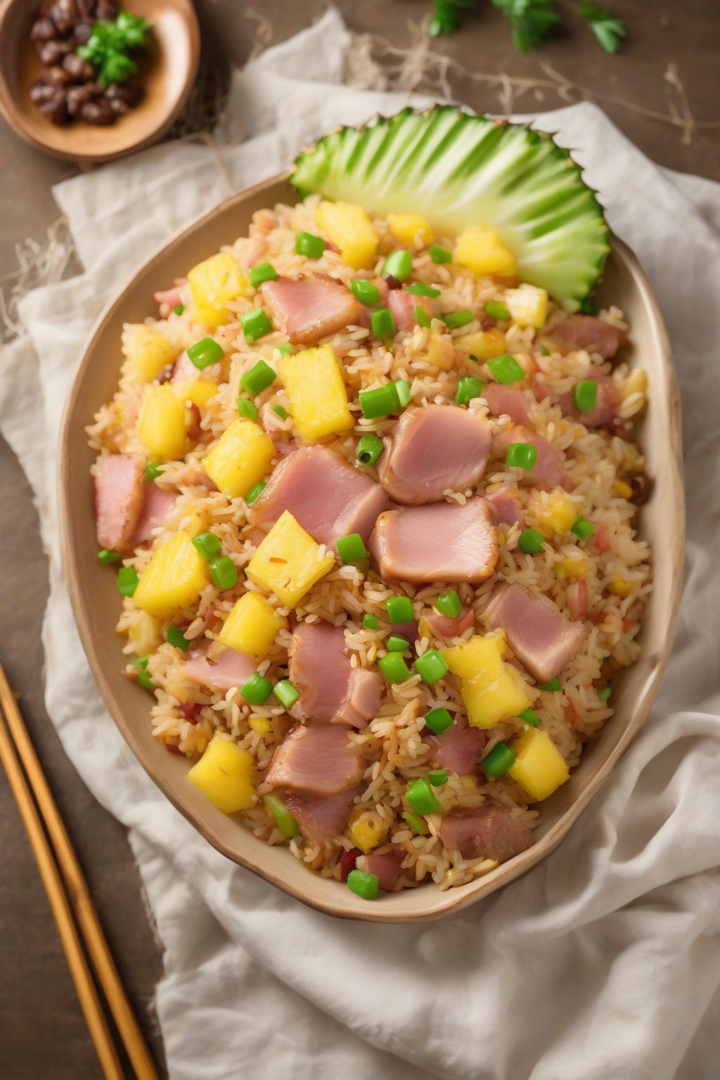 A high-resolution photo of ham and pineapple fried rice glistening with teriyaki under soft lighting.