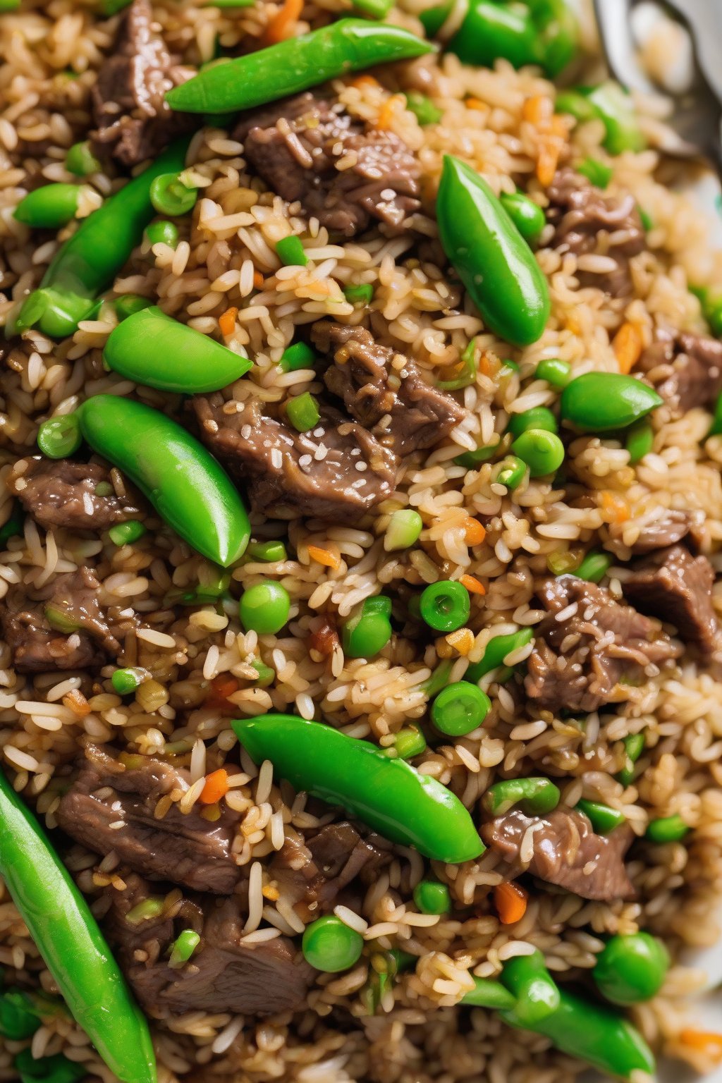 A high-resolution photo of beef fried rice with snap peas and hoisin glaze under soft lighting.