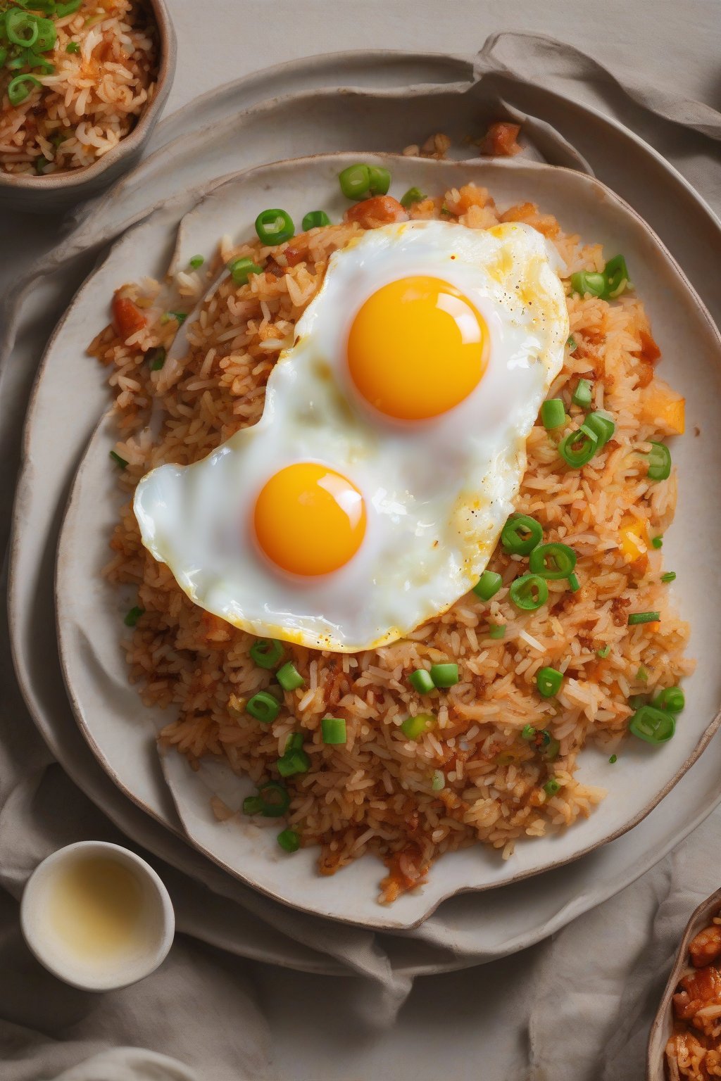 A high-resolution photo of kimchi fried rice topped with a fried egg under soft lighting.