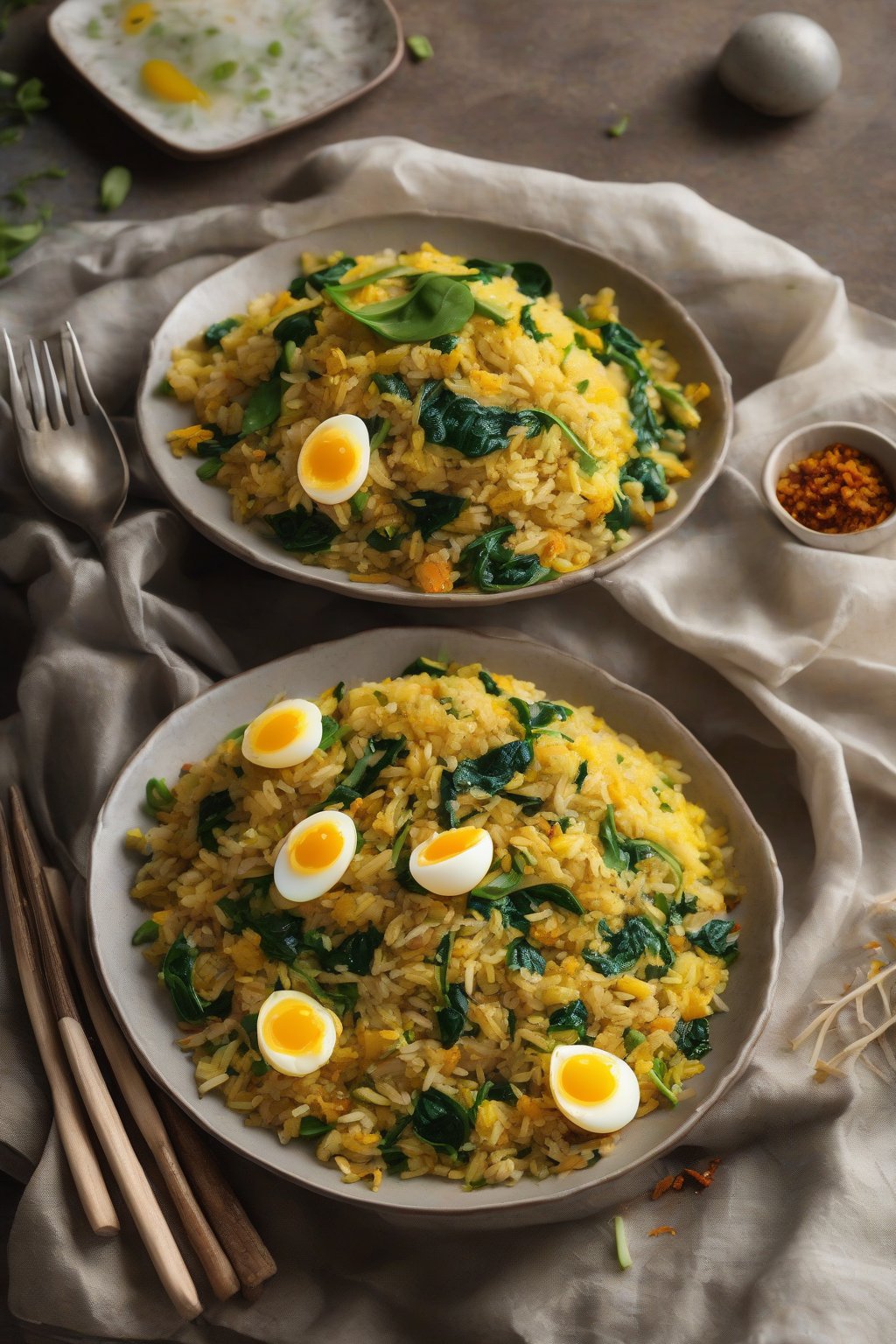 A high-resolution photo of egg fried rice flecked with turmeric and spinach under soft lighting.