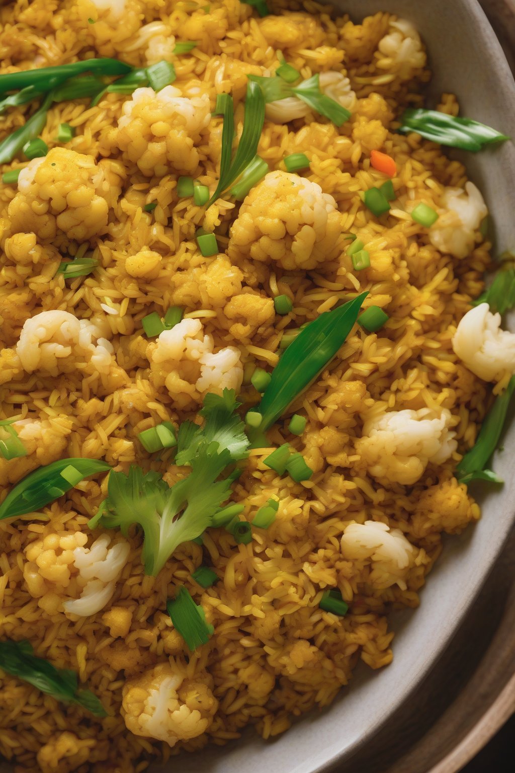 A high-resolution photo of golden curry fried rice with cauliflower under soft lighting.
