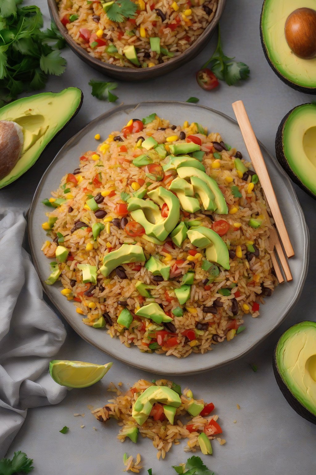 A high-resolution photo of Mexican fried rice topped with avocado under soft lighting.