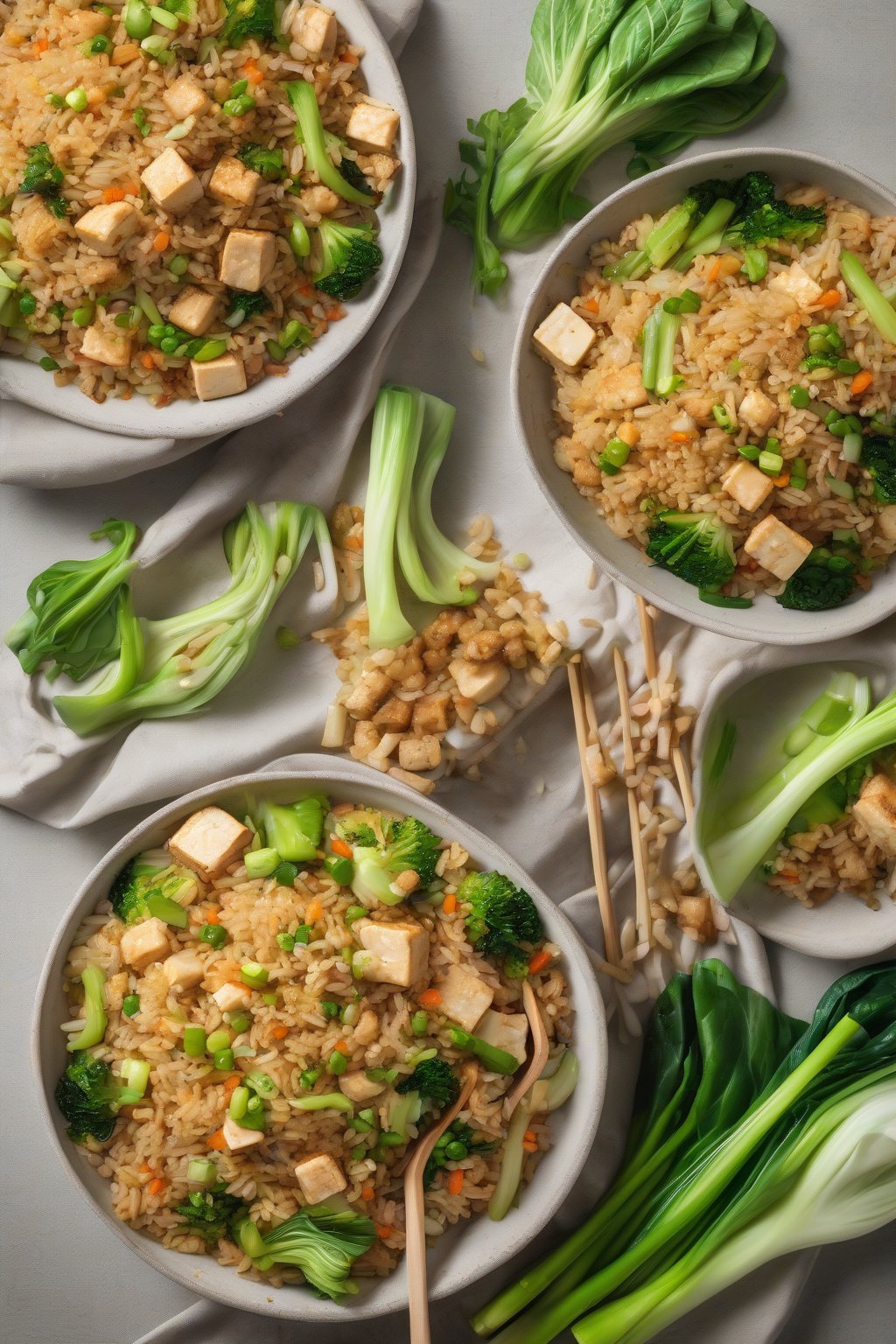 A high-resolution photo of tofu fried rice with bok choy under soft lighting.
