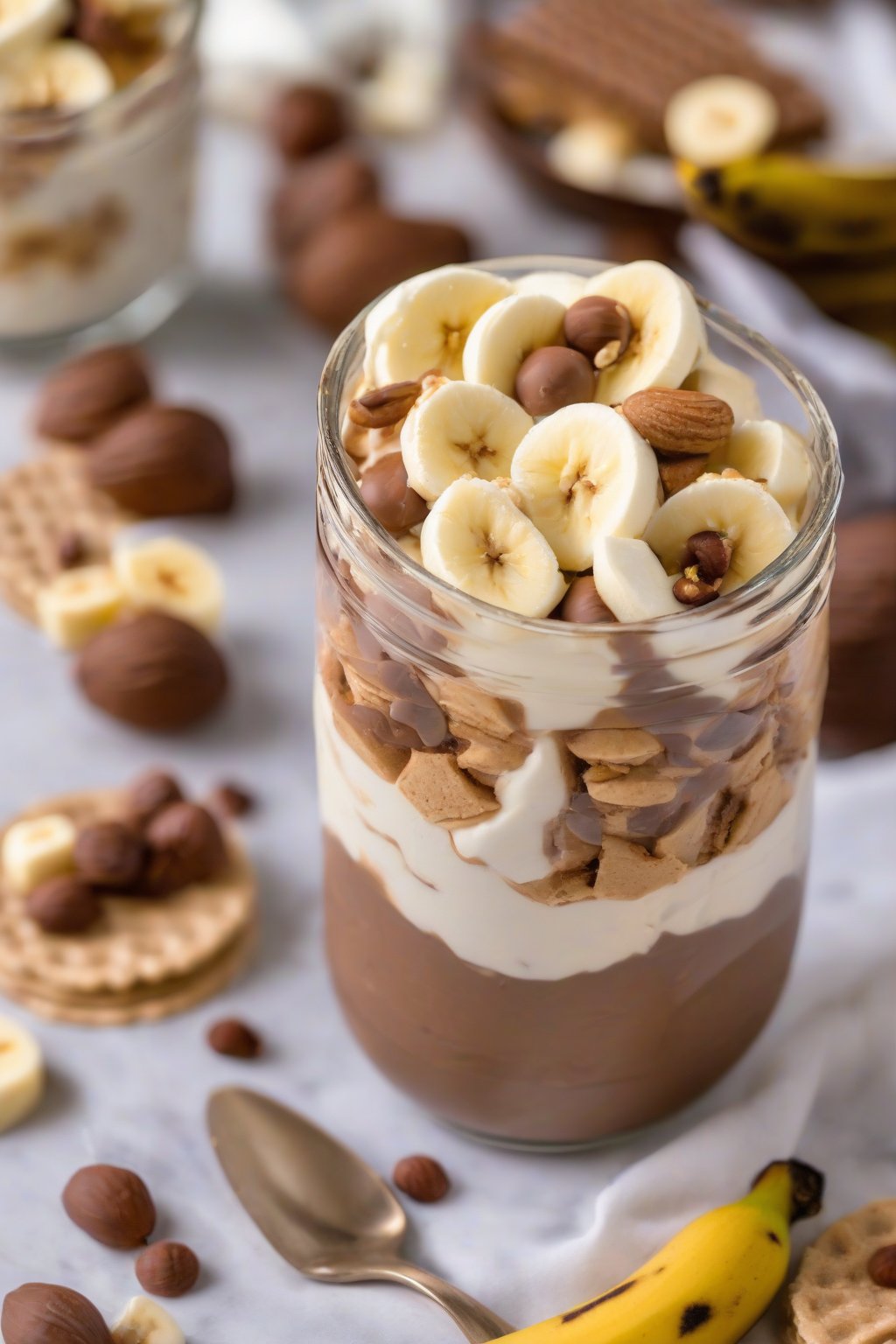 A close-up photo of Nutella banana pudding parfait with hazelnut wafers under soft lighting.