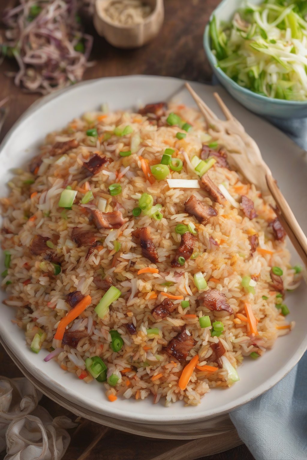 A high-resolution photo of BBQ pork fried rice with coleslaw under soft lighting.